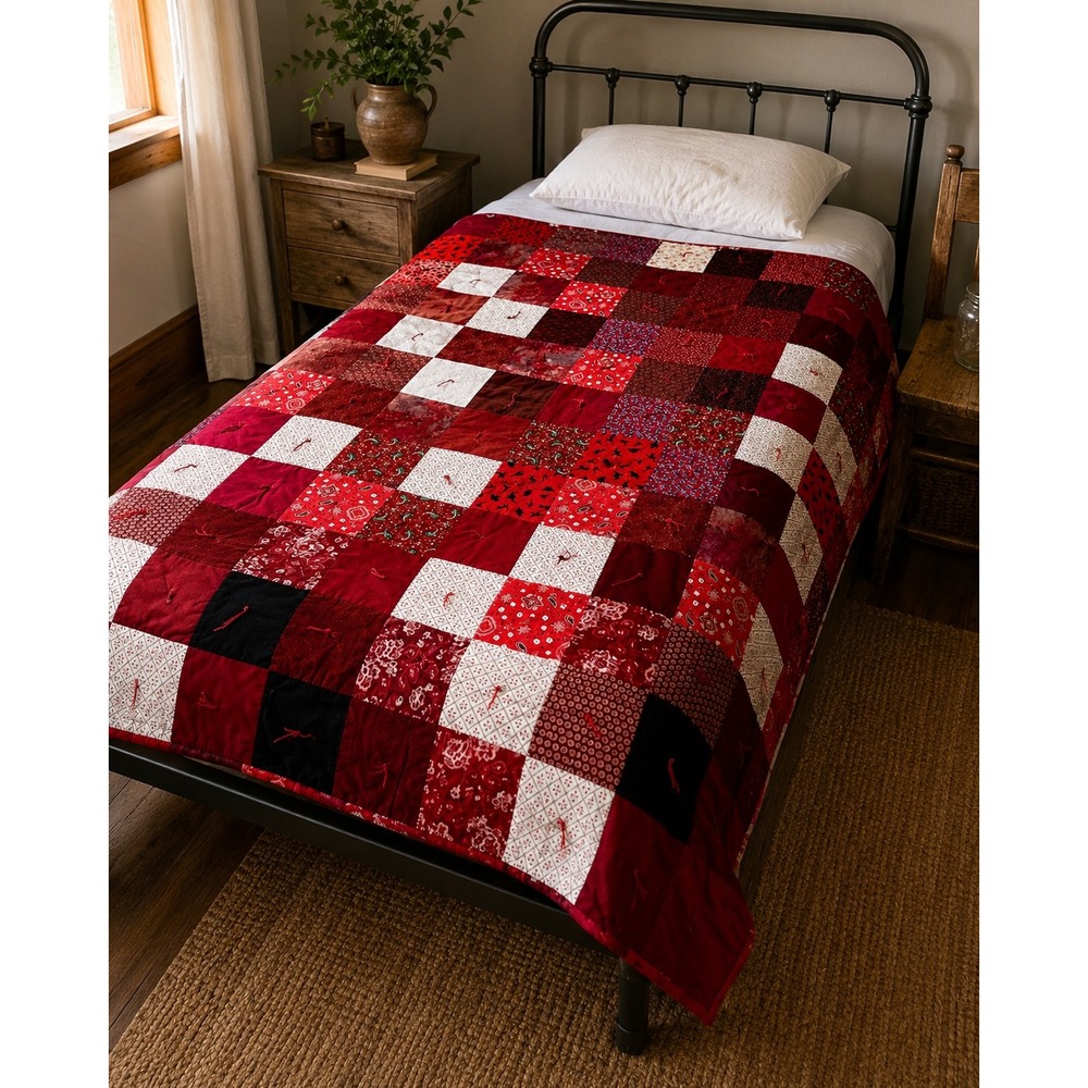 Handmade Reversible Twin Quilt 60x70 Red Patchwork Tropical Floral Tied